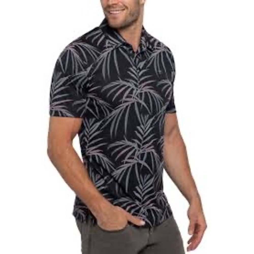 TravisMathew Polo Shirt Mens XXL Black Palm Print Good Golf Caledonia Club